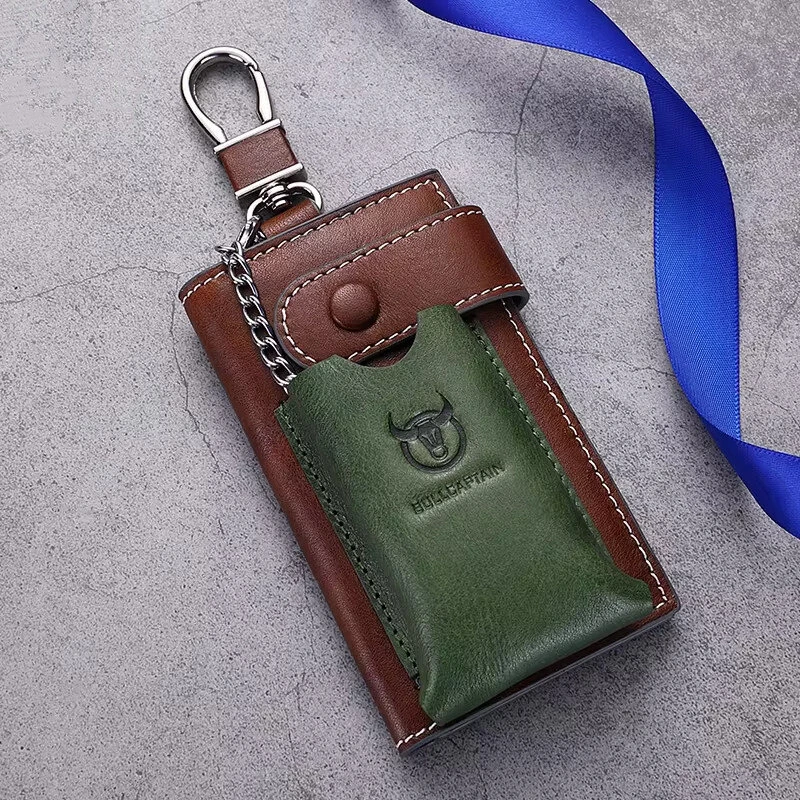 (image for) BULLCAPTAIN Genuine Leather Mens Keycase Portable Car Keychain Storage Key Holder Fashion Color Block Design Housekeeper Stand Stylish Compact Key Bag